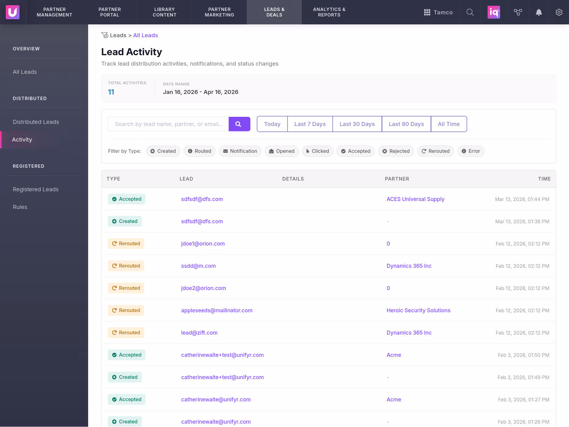 Lead distribution activity log showing accepted, created, and rerouted leads